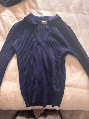 Grace Karin Navy Ribbed V-Neck Collared Sweater